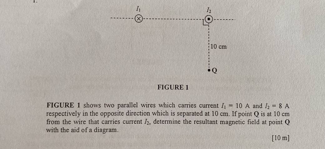 FIGURE 1 shows two parallel wires which carries current I_1=10A and I_2=8A
respectively in the opposite direction which is separated at 10 cm. If point Q is at 10 cm
from the wire that carries current I_2 , determine the resultant magnetic field at point Q
with the aid of a diagram.
[10 m]