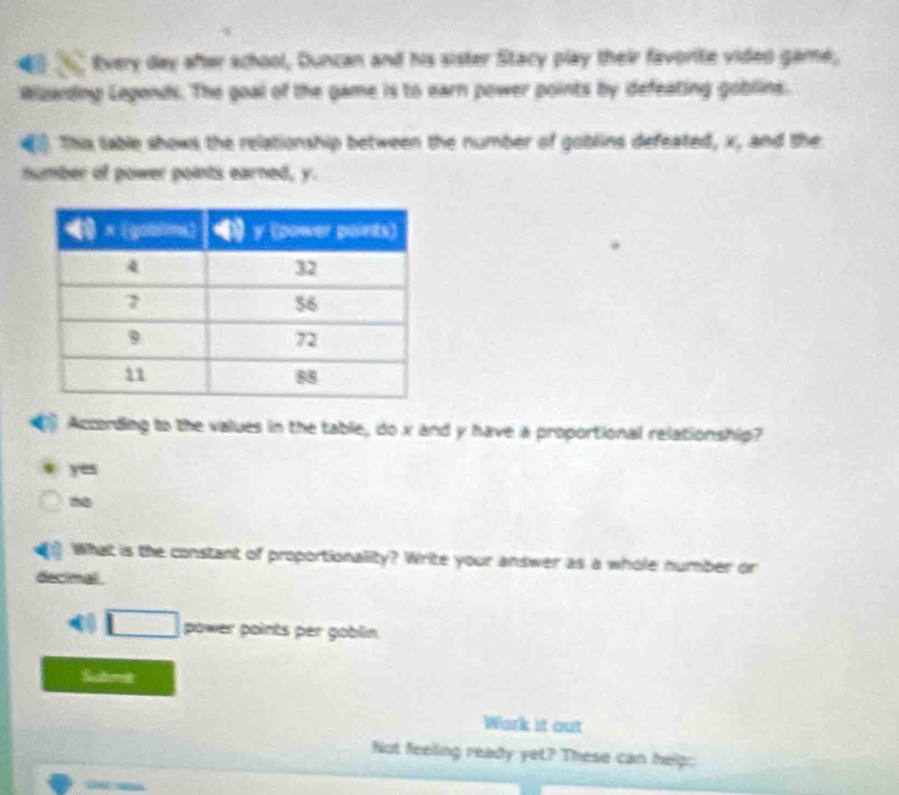 Every day after school, Duncan and his sister Stacy play their favorite video game,
Wizarding Legends. The goal of the game is to earn power points by defeating goblins.
€ Tha table shows the relationship between the number of goblins defeated, x, and the
number of power points earned, y.
According to the values in the table, do x and y have a proportional relationship?
yes
~
. What is the constant of proportionality? Write your answer as a whole number or
decinal
□ power points per goblin
Subme
Work it out
Not feeling ready yet? These can help: