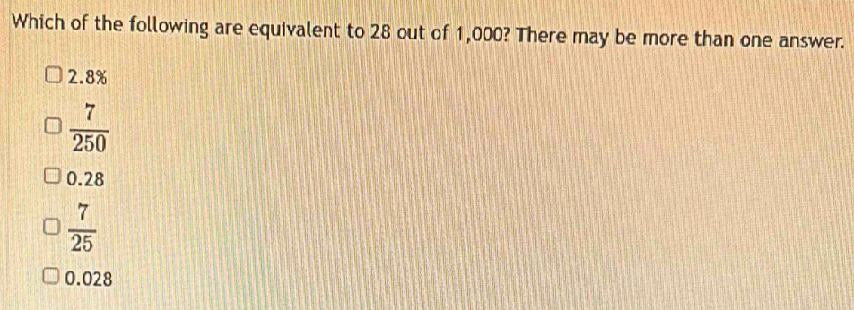 Which of the following are equivalent to 28 out of 1,000? There may be more than one answer.
2.8%
 7/250 
0.28
 7/25 
0.028