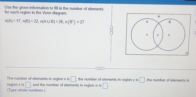 Use the given information to fill in the number of elements 
for each region in the Venn diagram.
n(A)=17, n(B)=22, n(A∪ B)=26, n(B')=27
The number of elements in region x is □ , the number of elements in region y is □ , the number of elements in 
region z is □ , and the number of elements in region w is □. 
(Type whole numbers.)