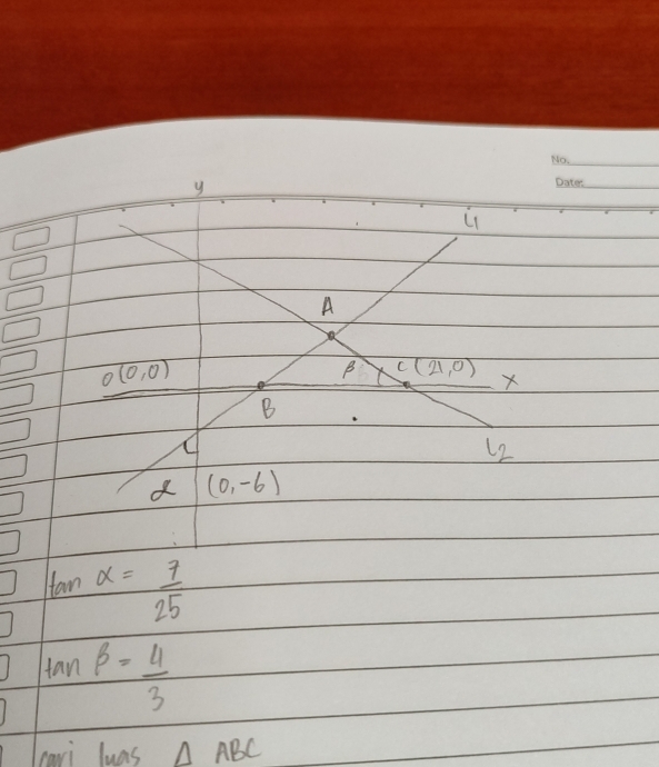 L1 
A
O(0,0)
B c(21,0)
X
B
12
(0,-6)
tan alpha = 7/25 
tan beta = 4/3 
cavi luas △ ABC