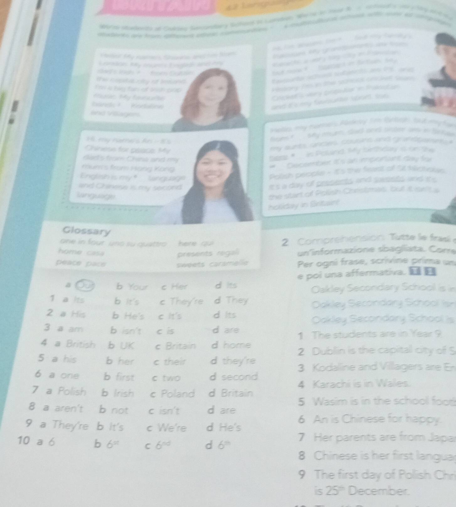 Langul
Wo ne scateeto af Cltaa Seecondaery Sthen i spraton Whe na be med B  crtoads 1 y Stry lt n 
dfapens dee frar dfents atfre camnpeaons - a   n tones a mao d crgg  
wa hoe goane te ?  had mhy fanng  ?
Iaed. Ay g anaee a topes
Eondcn, Ray mgems Engtah and a
Ratne te is cary ting cy an Fdronton
ard's lrgh A   tot Cultin
hat mo ?  Sat in Seton bay
the copitalcty of tesand
Frm is biy fam of thh crp
Pestory To in the schees oncet saan 
Meases My foseate
Cocked's very pngieter in Pakoate
Bands '' Rodaln
and i'sey famke sbre, soo
and Villagers
saalies, my marher's Pandeay tm Burtah, tnd my  fon
16. my hame's An - 85
Bugen ? sny murn, dad and bisten ow in bekse 
Chiness for paace My
my sunts, ances, couant and grantganeno s
dad's from China and my
tase *  in Poland. My bethday is on the
murn's from Hạng Köng
= Decemmbet it s an impcnian day far
English is my *  language
Polsh people - it's the feast of St hictous
and Chinese is my second
it's a day of presents and sasets and it's
language
the start of Polsh Chestes, but it srta
holiday in Britaint
Glossary
one in four uno su quattro here qui  2 Comprenensión  utte le frask 
home casa presents regali un 'informazione sbagliata. Come
peace pace sweets caramelle Per ogni frase, scrivine prima un
e poi una affermativa. □ É
a b Your c Her d its
Oakley Secondary School is in
1 a its b it's c They're d They
Oakley Secondary School Isn
2 a His b He's c It's d Its
Ockley Secondary School is
3 a am b isn't c is d are
1 The students are in Year 9
4 a British b UK c Britain d home
2 Dublin is the capital city of S
5 a his b her c their d they're
3 Kodalline and Villagers are En
6 a one b first c two d second
4 Karachi is in Wales.
7 a Polish b lrish c Poland d Britain
5 Wasim is in the school food
8 a aren't b not c isn't d are
6 An is Chinese for happy.
9 a They're b it's c We're d He's
10 a 6 b 6^(π) C 6^(nd) d 6^(th)
7 Her parents are from Japa
8 Chinese is her first langua
9 The first day of Polish Chri
is 25^(th) December.