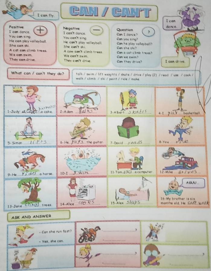 can fly. CAN I CANT
Icon
Pesitive Negative Question dance.

I can dance. I can't dance Can I dance?
You can sing. You can't xing Can you sing?
He con play volleyball He can't play velleyball. Can he play volleyball?
She can ski She can't ski Con she ski?
A cat can climb trees. A cow can't climb trees Can a cat clumb trees
We can swm. We can't s=m. Can weswm
They can drive. They can't drive Can they drive? I can drive.
What can / can't they do? talk/ swim / lift weights / skate/ drive / play(2) / read / use / cook /
walk/ clmb / sks / paint/ ride / make
whe
1-Judy sL a cake 2 - A dom _J Abe _4 1 thas ke t tol !
5- Simo _6 He_ the guitar. 7 - David y act JS_ B-You
_
9- He _a horse 10-1 _11 Tom_ S a computer . 12 -Mike_
A GUJ 
16 My brather is six
13-Jane_ t rees 15 Alex _ m on ths old He C
ASK AND ANSWER
- Can she run fast? _,
- Yes, she can.
_
_
_,
_,
_
_