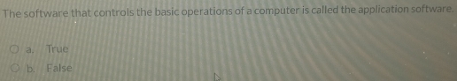 The software that controls the basic operations of a computer is called the application software.
a. True
b. False