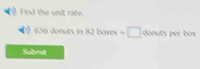 Find the unit rate.
656 donuts in 82 boxes -□ onuts er b 
Submit