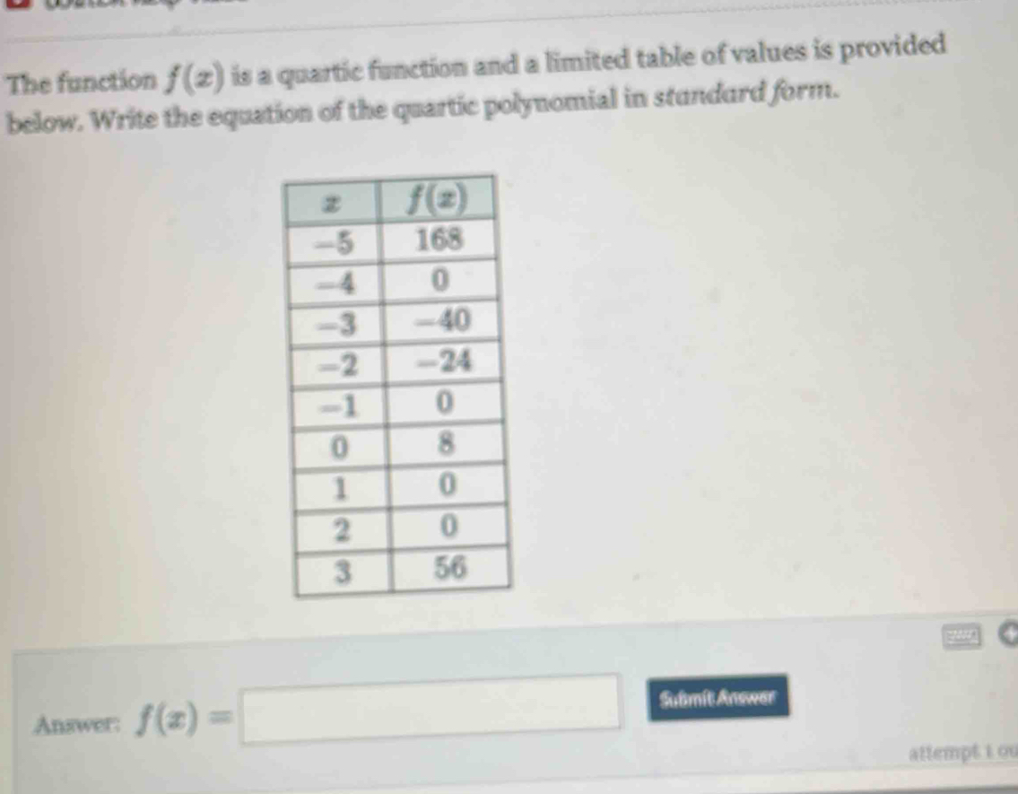 The function f(x) is a quartic function and a limited table of values is provided
below. Write the equation of the quartic polynomial in stundard form.
Answer: f(x)=□ Submit Answer
attempt 1 o0