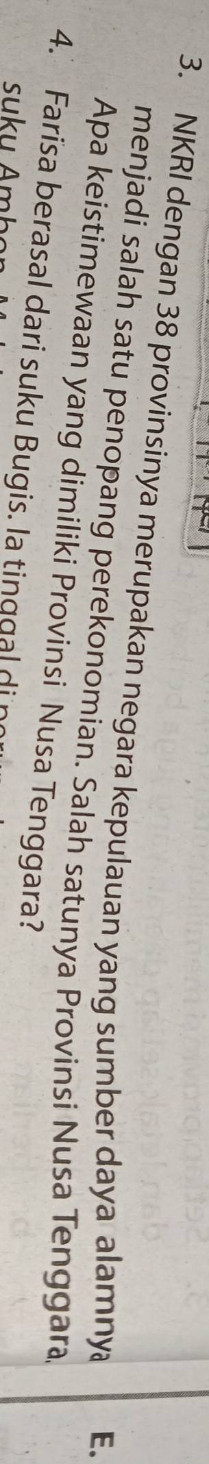 NKRI dengan 38 provinsinya merupakan negara kepulauan yang sumber daya alamnya 
E. 
menjadi salah satu penopang perekonomian. Salah satunya Provinsi Nusa Tenggara 
Apa keistimewaan yang dimiliki Provinsi Nusa Tenggara? 
4. Farisa berasal dari suku Bugis. la tinggal di n