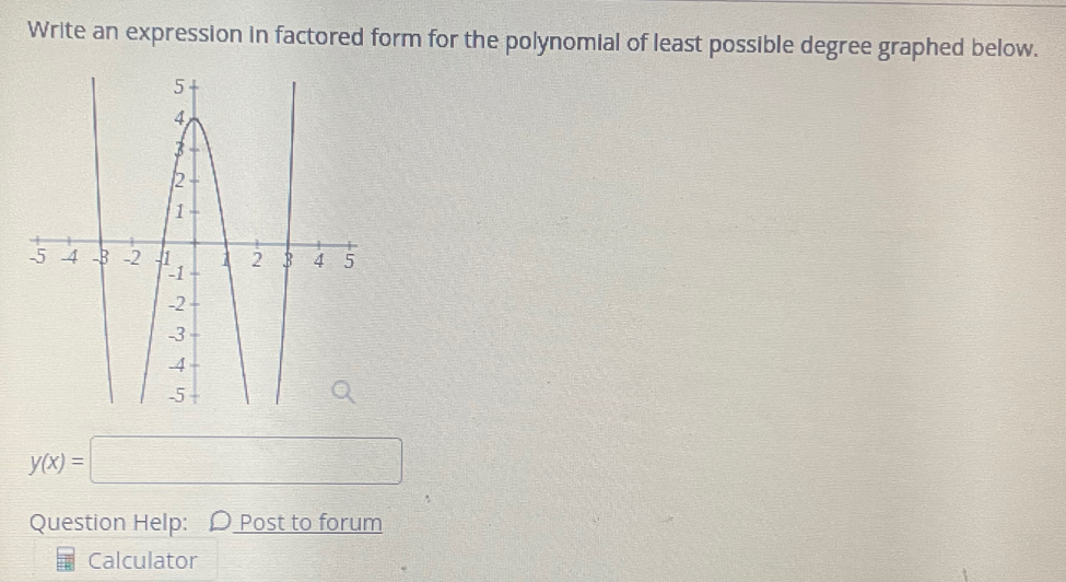 Write an expression in factored form for the polynomial of least possible degree graphed below.
y(x)=□
Question Help: [ Post to forum 
Calculator