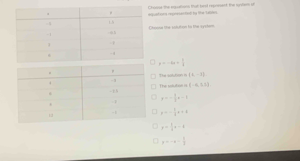 hoose the equations that best represent the system of
uations represented by the tables.
hoose the solution to the system.
y=-4x+ 1/4 
The solution is (4,-3). 
The solution is (-6,5.5).
y=- 1/2 x-1
y=- 1/4 x+4
y= 1/4 x-4
y=-x- 1/2 