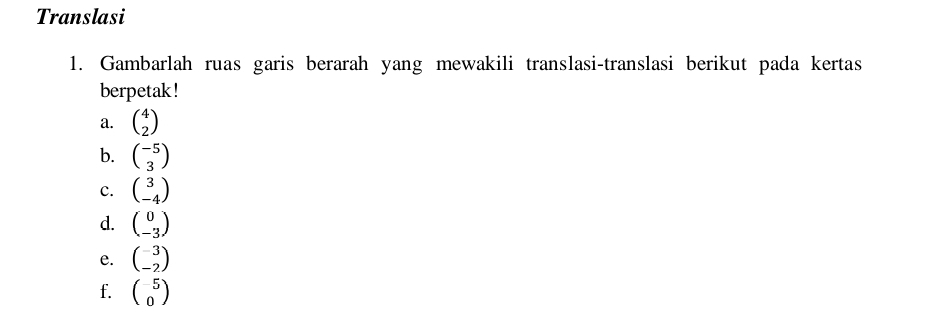 Translasi 
1. Gambarlah ruas garis berarah yang mewakili translasi-translasi berikut pada kertas 
berpetak ! 
a. beginpmatrix 4 2endpmatrix
b. beginpmatrix -5 3endpmatrix
c. beginpmatrix 3 -4endpmatrix
d. beginpmatrix 0 -3endpmatrix
e. beginpmatrix -3 -2endpmatrix
f. beginpmatrix -5 0endpmatrix