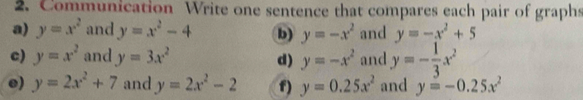 Communication Write one sentence that compares each pair of graphs 
a) y=x^2 and y=x^2-4 y=-x^2 and y=-x^2+5
b) 
c) y=x^2 and y=3x^2 d) y=-x^2 and y=- 1/3 x^2
e) y=2x^2+7 and y=2x^2-2 f) y=0.25x^2 and y=-0.25x^2