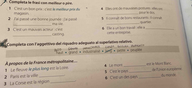 Completa le frasi con meilleur o pire. 
1 C'est un bon prix : c'est le meilleur prix du 4 Elles ont de mauvaises postures : elles ont 
magasin. _pour le dos. 
2 - J'ai passé une bonne journée : j'ai passé 5 Il connaît de bons restaurants : il connaît quartier. 
_ma vie. 
3 C’est un mauvais acteur : c'est 6 Elle a un bon travail : elle a_ 
_casting. cette entreprise. 
Completa con l’aggettivo del riquadro adeguato al superlativo relativo. 
PPolato 
haut * grand * industrialisé * petite * peuplée 
À propos de la France métropolitaine... 
1 Le fleuve le plus long est la Loire. 4 Le mont _est le Mont Blanc. 
2 Paris est la ville . 5 C'est le pays_ de l'Union européenne. 
3 La Corse est la région _6 C'est un des pays _du monde.