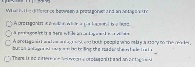 What is the difference between a protagonist and an antagonist?
A protagonist is a villain while an antagonist is a hero.
A protagonist is a hero while an antagonist is a villain.
A protagonist and an antagonist are both people who relay a story to the reader,
but an antagonist may not be telling the reader the whole truth.
There is no difference between a protagonist and an antagonist.