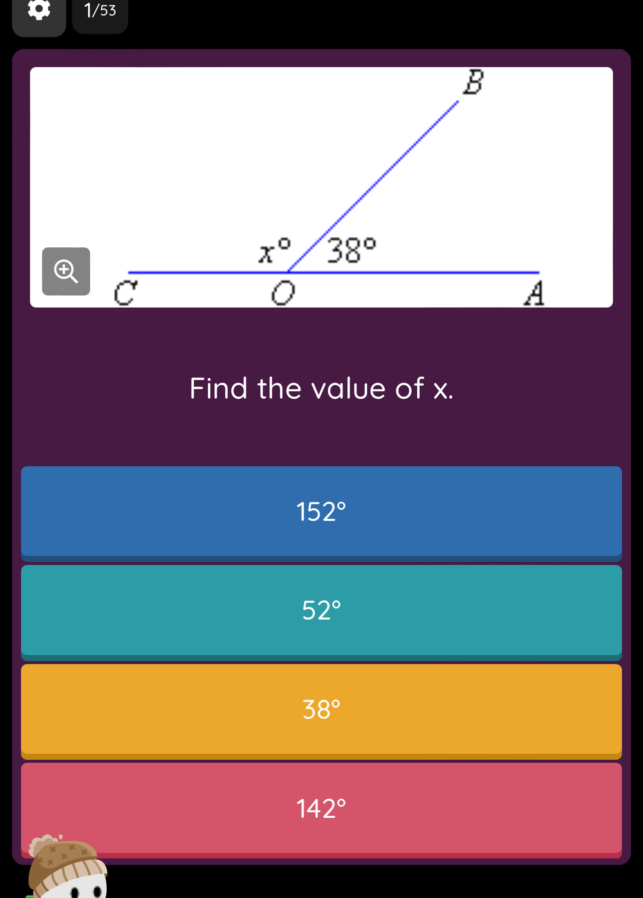 1/53
D
Find the value of x.
152°
52°
38°
142°