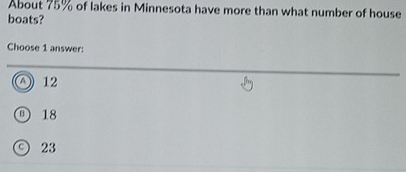 About 75% of lakes in Minnesota have more than what number of house
boats?
Choose 1 answer:
O 12
18
a 23