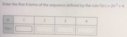 Enter the first 4 terms of the sequence defined by the rule f(n)=2n^2+4.