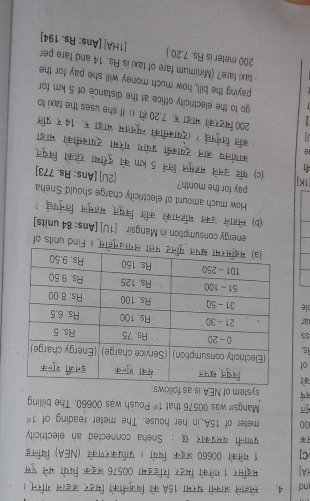 nd 4. स्लेहाले आफ्नो घरमा 15A को विजुलीको मिटर जडान गरिन् । 
1A] मइसिर 1 गतेको मिटर रिडिडमा 00576 अडक चियों भने पुस 
C] 1 गतेको 00660 अड्क धियो । प्राधिकरणको (NEA) विलिड 
प्रणाली यसप्रकार छ ： Sneha connected an electricity 
00 meter of 15A in her house. The meter reading of 1^(st)
Mangsir was 00576 that 1^(st) Poush was 00660. The billing 
system of NEA is as follows 
को 
of 
is. 
SS 
ar 
होस् 1 Find units of 
energy consumption in Mangsir. [1U] [Ans: 84 units] 
(b) स्नेहाले उक्त बहिनाको कति विद्युत् महसुल तिनु्पछ ? 
How much amount of electricity charge should Sneha 
[1K] pay for the month? 
[2U] [Ans: Rs. 773 ] 
(c) यदि उनले महसूल तिर्न 5 km को दुरीमा रहेको विदयुत् 
कायालय जान द्याक्सी प्रयोग गरेमा द्याकसीको भाडा 
lè कत तिनुप ? (देयाक्सीको न्यूनतम भाड़ा र. 14 र प्रति 
1 200 मिटरको भाडा क. 7.20 ह 1 If she uses the taxi to 
1 go to the electricity office at the distance of 5 km for 
paying the bill, how much money will she pay for the 
taxi fare? (Minimum fare of taxi is Rs. 14 and fare per
200 meter is Rs. 7.20.) [1HA] [Ans: Rs. 194 ]