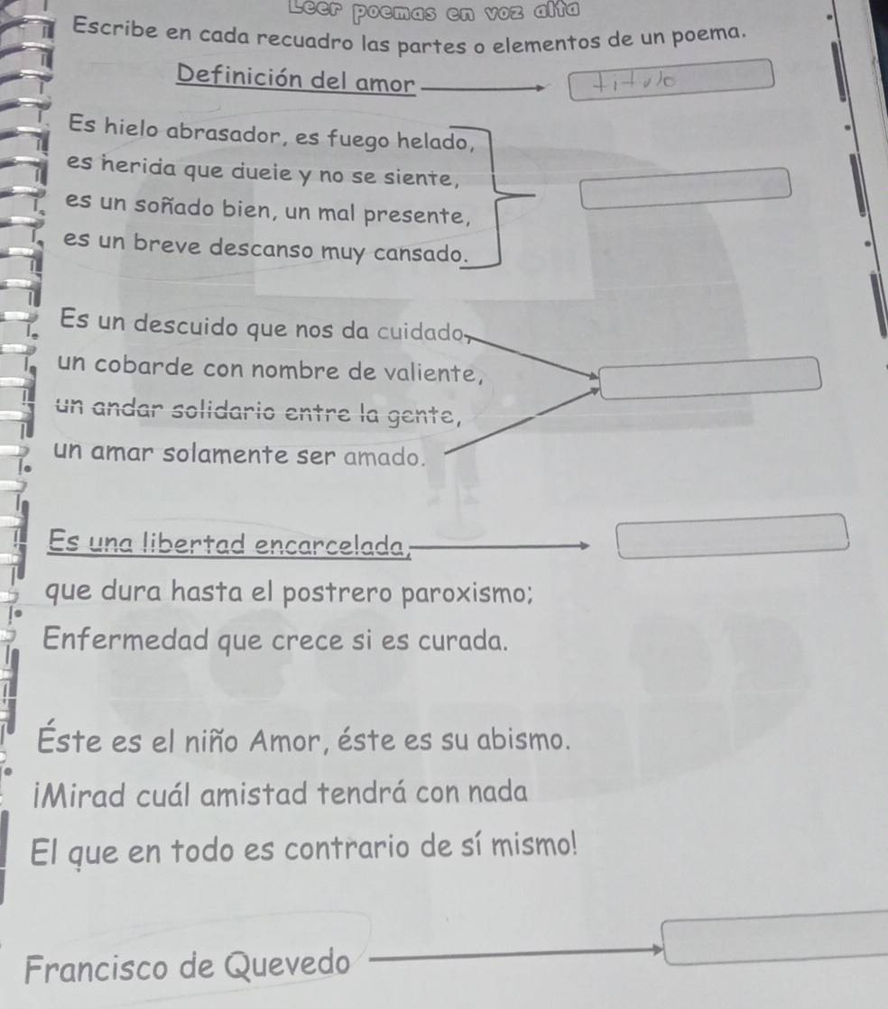 Leer poemas en voz alta 
Escribe en cada recuadro las partes o elementos de un poema. 
Definición del amor 
Es hielo abrasador, es fuego helado, 
es herida que dueie y no se siente, 
es un soñado bien, un mal presente, 
es un breve descanso muy cansado. 
Es un descuido que nos da cuidado 
un cobarde con nombre de valiente, 
un andar solidario entre la gente, 
un amar solamente ser amado. 
Es una libertad encarcelada 
que dura hasta el postrero paroxismo; 
Enfermedad que crece si es curada. 
Éste es el niño Amor, éste es su abismo. 
iMirad cuál amistad tendrá con nada 
El que en todo es contrario de sí mismo! 
Francisco de Quevedo