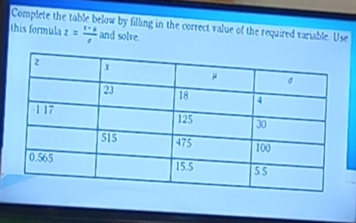 Complete the table below by filling in the correct value of the required variable. Use 
this formula z= (t-a)/a  and solve