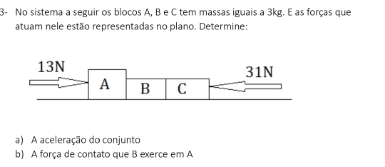 3- No sistema a seguir os blocos A, B e C tem massas iguais a 3kg. E as forças que 
atuam nele estão representadas no plano. Determine: 
a) A aceleração do conjunto 
b) A força de contato que B exerce em A