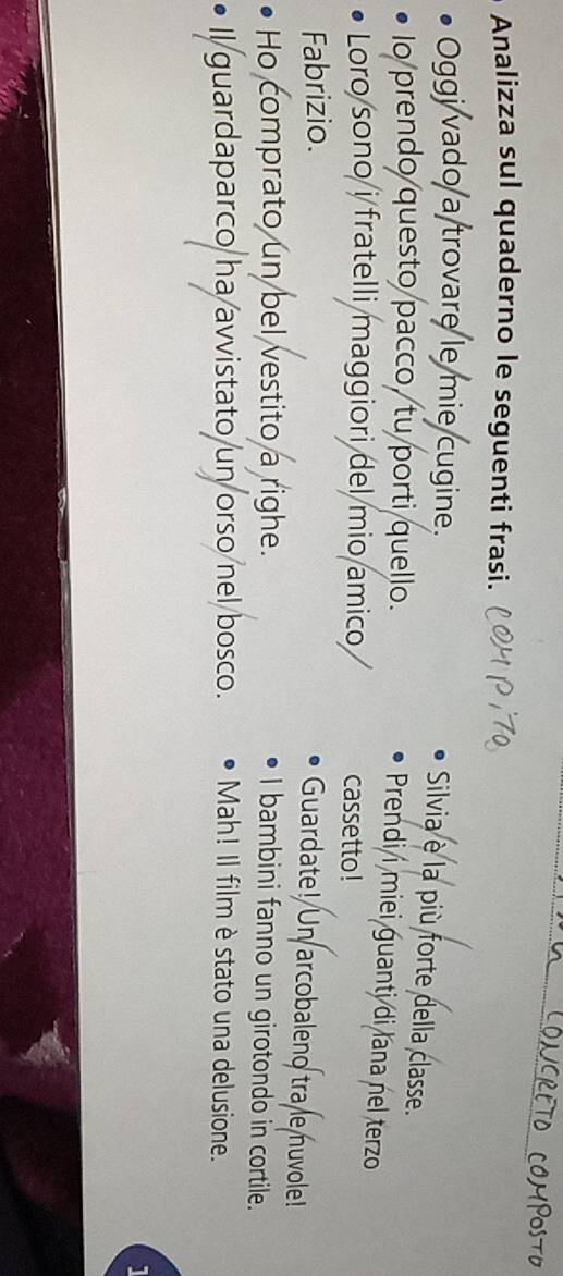 Analizza sul quaderno le seguenti frasi. 
Oggi/vado a trovare le mie cugine. 
Silvia è la più forte della classe. 
o prendo questo pacco, tu porti quello. 
Prendi í miei guanti di lana nel terzo 
Loro sono i fratelli maggiori del mio amico cassetto ! 
Fabrizio. 
Guardate! Un arcobaleno tra le nuvole! 
Ho comprato un bel vestito a righe. 
I bambini fanno un girotondo in cortile. 
Il guardaparco ha avvistato un orso nel bosco. Mah! Il film è stato una delusione. 
1