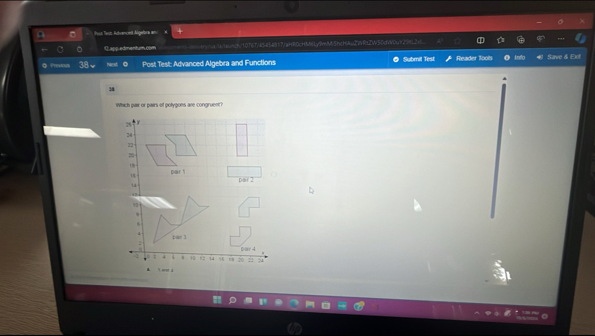 Post Test: Advanced Algebra an 
f2.app.edmentum.com s-oowery/ua/la/launch/10767/45454B17/aHR0cHM6Ly9mMi5hcHAuZWRtZW50dW0uY29tL2xL.. 
Previces Nex Post Test: Advanced Algebra and Functions Submit Test Reader Tools Info Save & 
38 
Which pair or pairs of polygons are congruent?