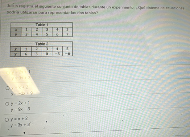 Julius registra el siguiente conjunto de tablas durante un experimento. ¿Qué sistema de ecuaciones
podría utilizarse para representar las dos tablas?
y=2x+1
y=3x+3
y=x+2
y=-3x+9
y=2x+1
y=9x-3
y=x+dot 
y=3x+3