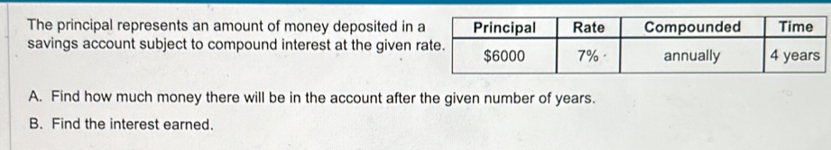 The principal represents an amount of money deposited in 
savings account subject to compound interest at the given 
A. Find how much money there will be in the account after the given number of years. 
B. Find the interest earned. 
× 
Formulas 
In the provided formulas, A is the balance in the account after t years, P is the 
principal investment, r is the annual interest rate in decimal form, n is the number 
of compounding periods per year, and Y is the investment's effective annual yield 
in decimal form.
A=P(1+ r/n )^nt P=frac A(1+ r/n )^nt A=Pe^(rt) Y=(1+ r/n )^n-1