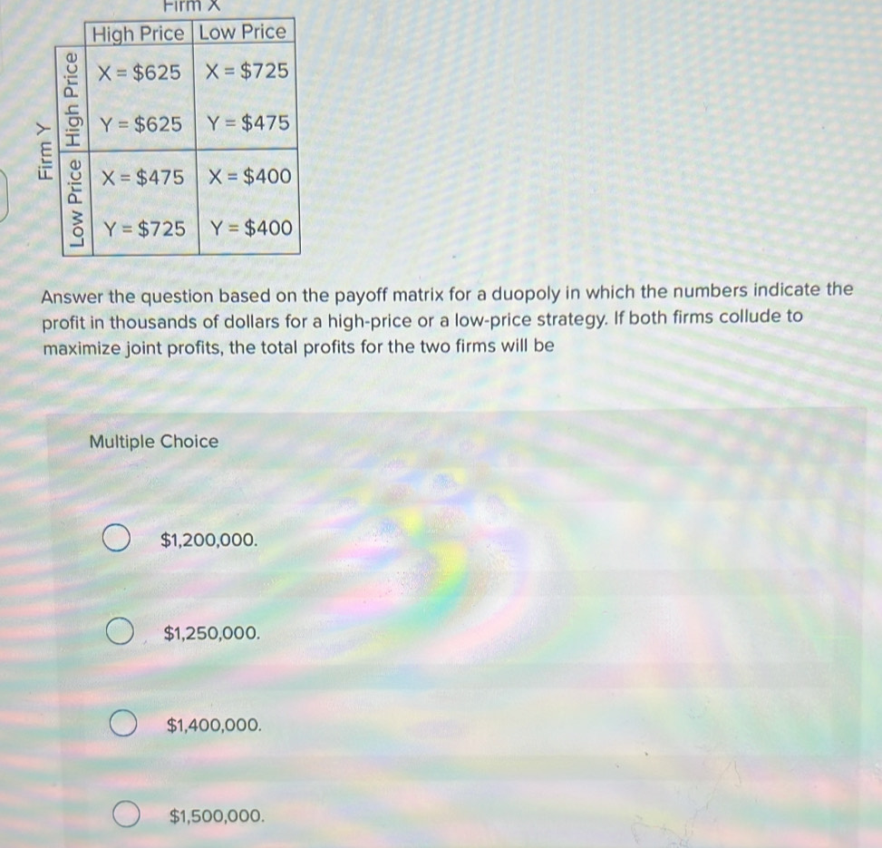 Solved: Firm x Answer the question based on the payoff matrix for a ...