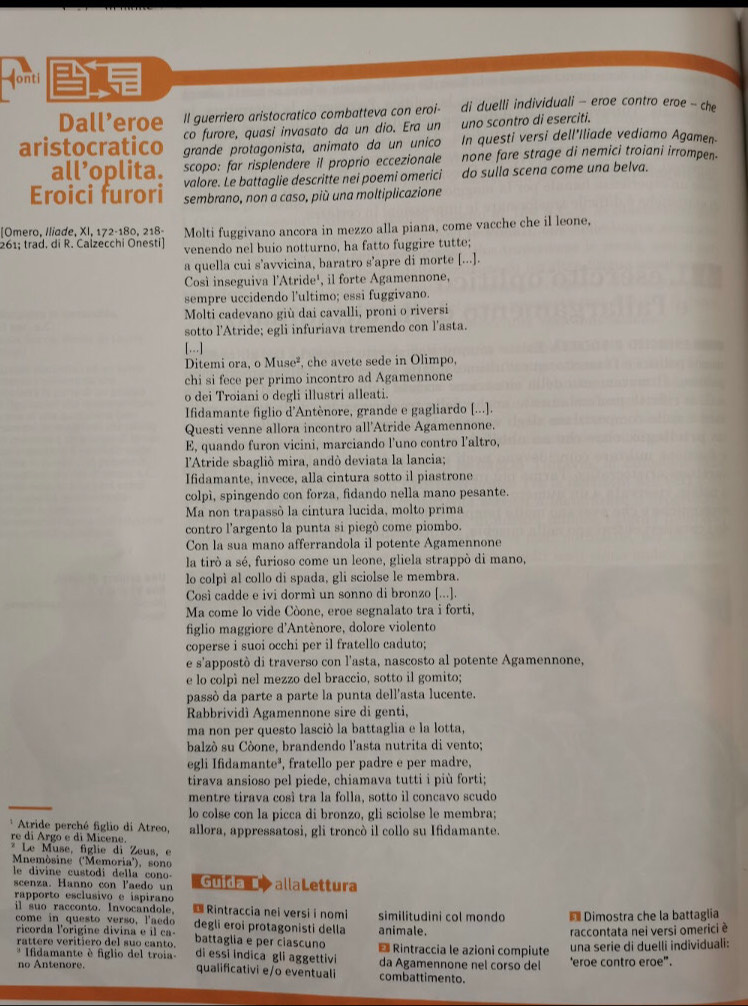 Honti
Dall’eroe Il guerriero aristocratico combatteva con eroi- di duelli individuali - eroe contro eroe - che
aristocratico co furore, quasi invasato da un dio. Era un . uno scontro di eserciti.
grande protagonista, animato da un unico In questi versi dell’Iliade vediamo Agamen
scopo: far risplendere il proprío eccezionale none fare strage di nemici troiani irrompen-
all’oplita. valore. Le battaglie descritte nei poemi omerici do sulla scena come una belva.
Eroici furori sembrano, non a caso, più una moltiplicazione
[Omero, Iliade, XI, 172-180, 218- Molti fuggivano ancora in mezzo alla piana, come vacche che il leone,
261; trad. di R. Calzecchi Onesti] venendo nel buio notturno, ha fatto fuggire tutte;
a quella cui s’avvicina, baratro s’apre di morte [...].
Così inseguiva l'Atride¹, il forte Agamennone,
sempre uccidendo l'ultimo; essi fuggivano.
Molti cadevano giù dai cavalli, proni o riversi
sotto l'Atride; egli infuriava tremendo con l’asta.
[...]
Ditemi ora, o Muse^2 , che avete sede in Olimpo,
chi si fece per primo incontro ad Agamennone
o dei Troiani o degli illustri alleati.
Ifidamante figlio d'Antènore, grande e gagliardo [...].
Questi venne allora incontro all'Atride Agamennone.
E, quando furon vicini, marciando l'uno contro l'altro,
l'Atride sbagliò mira, andò deviata la lancia;
Ifidamante, invece, alla cintura sotto il piastrone
colpì, spingendo con forza, fidando nella mano pesante.
Ma non trapassò la cintura lucida, molto prima
contro l'argento la punta si piegò come piombo.
Con la sua mano afferrandola il potente Agamennone
la tirò a sé, furioso come un leone, gliela strappò di mano,
lo colpì al collo di spada, gli sciolse le membra.
Così cadde e ivi dormì un sonno di bronzo [...].
Ma come lo vide Còone, eroe segnalato tra i forti,
figlio maggiore d'Antènore, dolore violento
coperse i suoi occhi per il fratello caduto;
e s'appostò di traverso con l'asta, nascosto al potente Agamennone,
e lo colpì nel mezzo del braccio, sotto il gomito;
passò da parte a parte la punta dell'asta lucente.
Rabbrividì Agamennone sire di genti,
ma non per questo lasció la battaglia e la lotta,
balzó su Còone, brandendo l'asta nutrita di vento;
egli Ifidam nte^3 , fratello per padre e per madre,
tirava ansioso pel piede, chiamava tutti i più forti;
mentre tirava così tra la folla, sotto il concavo scudo
lo colse con la picca di bronzo, gli sciolse le membra;
*  Atride perché figlio di Atreo,
re di Argo e di Micene. allora, appressatosi, gli troncò il collo su Ifidamante.
* Le Muse, figlie di Zeus, e
Memòsine ('Memoria'), sono
le divine custodi della cono-
scenza. Hanno con laedo un la  》 alla Lettura
rapporto esclusivo e ispirano  Rintraccia nei versi i nomi similitudini col mondo * Dimostra che la battaglia
il suo racconto. Invocandole.
come in questo verso, l'aedo degli eroi protagonisti della animale.
ricorda lorigine divina e il ca-
rattere veritiero del suo canto. battaglia e per ciascuno E Rintraccia le azioni compiute raccontata nei versi omerici è
* Ifidamante è figlio del troia- di essi indica gli aggettivi da Agamennone nel corso del 'eroe contro eroe". una serie di duelli individuali:
no Antenore. qualificativi e/o eventuali combattimento.