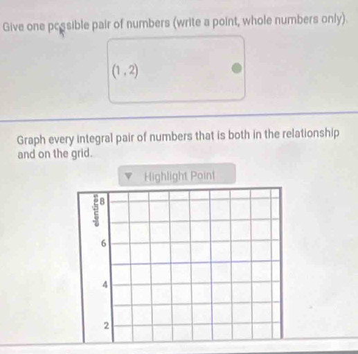 Give one pcssible pair of numbers (write a point, whole numbers only).
(1,2)
Graph every integral pair of numbers that is both in the relationship 
and on the grid.