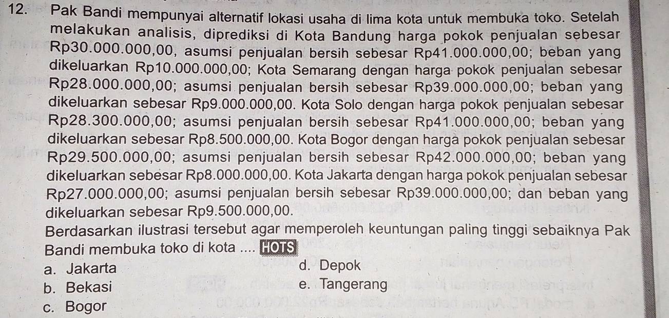 Pak Bandi mempunyai alternatif lokasi usaha di lima kota untuk membuka toko. Setelah
melakukan analisis, diprediksi di Kota Bandung harga pokok penjualan sebesar
Rp30.000.000,00, asumsi penjualan bersih sebesar Rp41.000.000,00; beban yang
dikeluarkan Rp10.000.000,00; Kota Semarang dengan harga pokok penjualan sebesar
Rp28.000.000,00; asumsi penjualan bersih sebesar Rp39.000.000,00; beban yang
dikeluarkan sebesar Rp9.000.000,00. Kota Solo dengan harga pokok penjualan sebesar
Rp28.300.000,00; asumsi penjualan bersih sebesar Rp41.000.000,00; beban yang
dikeluarkan sebesar Rp8.500.000,00. Kota Bogor dengan harga pokok penjualan sebesar
Rp29.500.000,00; asumsi penjualan bersih sebesar Rp42.000.000,00; beban yang
dikeluarkan sebesar Rp8.000.000,00. Kota Jakarta dengan harga pokok penjualan sebesar
Rp27.000.000,00; asumsi penjualan bersih sebesar Rp39.000.000,00; dan beban yang
dikeluarkan sebesar Rp9.500.000,00.
Berdasarkan ilustrasi tersebut agar memperoleh keuntungan paling tinggi sebaiknya Pak
Bandi membuka toko di kota .... HOTS
a. Jakarta d. Depok
b. Bekasi e. Tangerang
c. Bogor