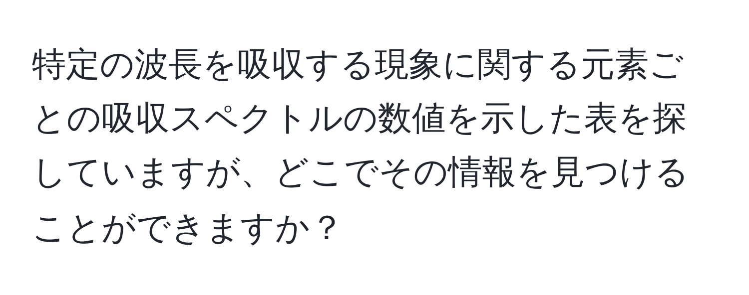 特定の波長を吸収する現象に関する元素ごとの吸収スペクトルの数値を示した表を探していますが、どこでその情報を見つけることができますか？