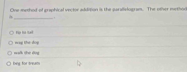 One method of graphical vector addition is the parallelogram. The other method
is_
tip to tail
wag the dog
walk the dog
beg for treats