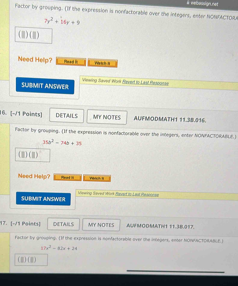 Solved: webassign.net Factor by grouping. (If the expression is ...