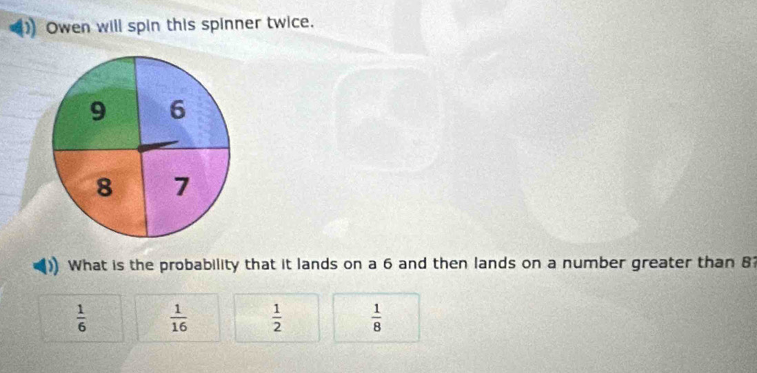 Owen will spin this spinner twice.
What is the probability that it lands on a 6 and then lands on a number greater than 8
 1/6 
 1/16 
 1/2 
 1/8 