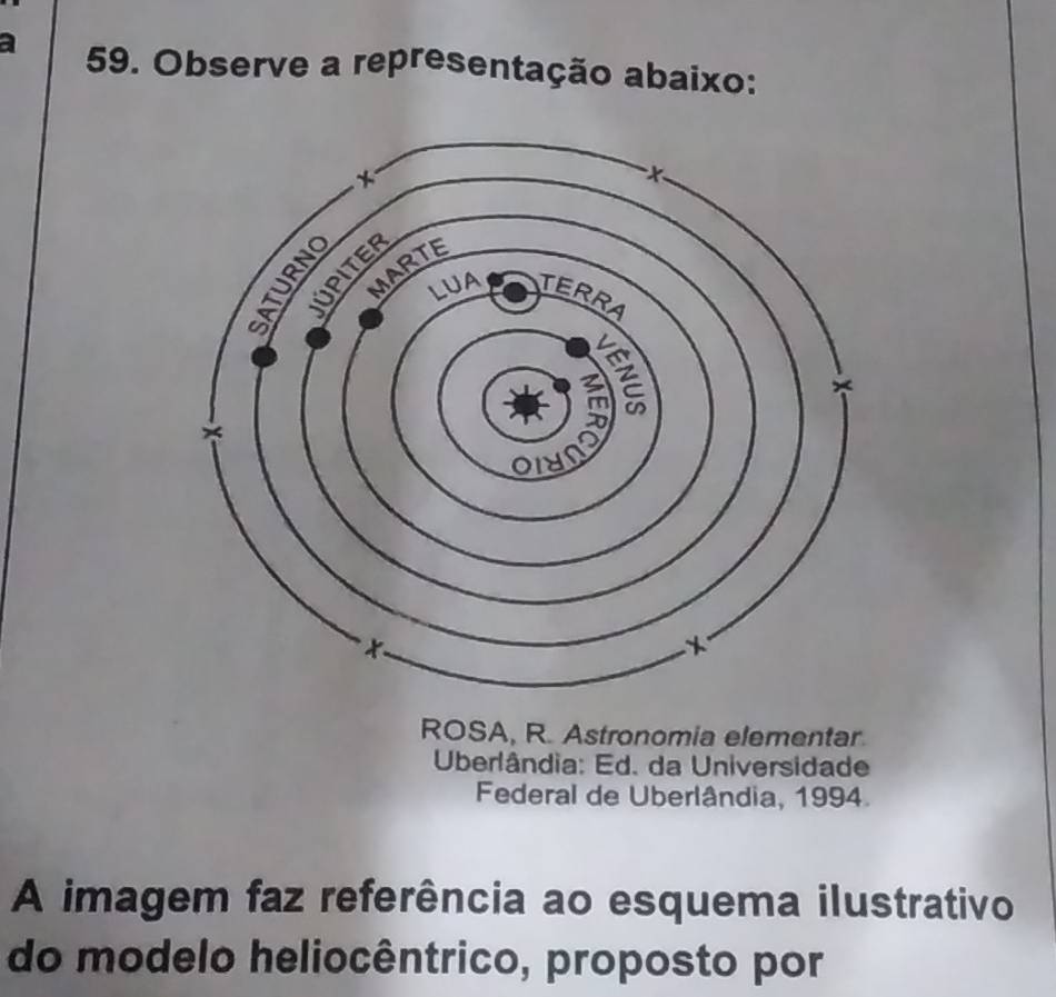 a 59. Observe a representação abaixo: 
ROSA, R. Astronomia elementar 
Uberlândia: Ed. da Universidade 
Federal de Uberlândia, 1994. 
A imagem faz referência ao esquema ilustrativo 
do modelo heliocêntrico, proposto por