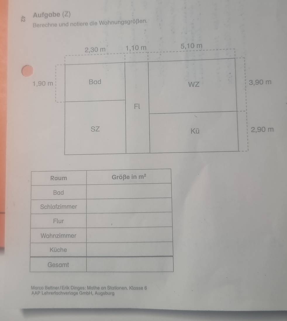 Aufgabe (Z)
Berechne und notiere die Wohnungsgrößen.
Morco Bettner/Erik Dinges: Mathe an Stationen. Klasse 6
AAP Lehrerfachverlage GmbH, Augsburg