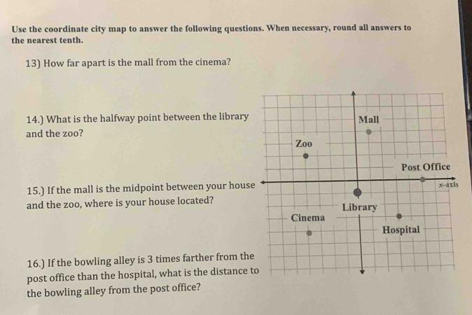 Use the coordinate city map to answer the following questions. When necessary, round all answers to 
the nearest tenth. 
13) How far apart is the mall from the cinema? 
14.) What is the halfway point between the library 
and the zoo? 
15.) If the mall is the midpoint between your hous 
and the zoo, where is your house located? 
16.) If the bowling alley is 3 times farther from the 
post office than the hospital, what is the distance 
the bowling alley from the post office?