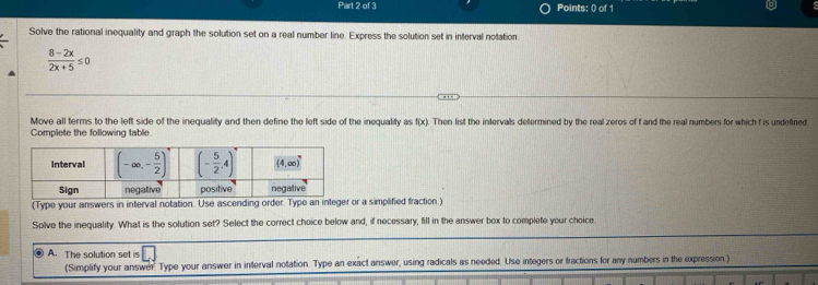 Solve the rational inequality and graph the solution set on a real number line. Express the solution set in interval notation.
 (8-2x)/2x+5 ≤ 0
Move all terms to the left side of the inequality and then define the left side of the inequality as |(x) Then list the intervals determined by the real zeros of f and the real numbers for which f is undefined
Complete the following table
(Type your answers in interval notation. Use ascending order. Type an integer or a simplified fraction.)
Solve the inequality. What is the solution set? Select the correct choice below and, if necessary, fill in the answer box to complete your choice.
A. The solution set is □
(Simplify your answer. Type your answer in interval notation. Type an exact answer, using radicals as needed. Use integers or fractions for any numbers in the expression )