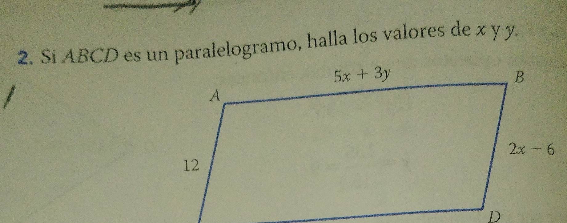 Si ABCD es un paralelogramo, halla los valores de x y y.