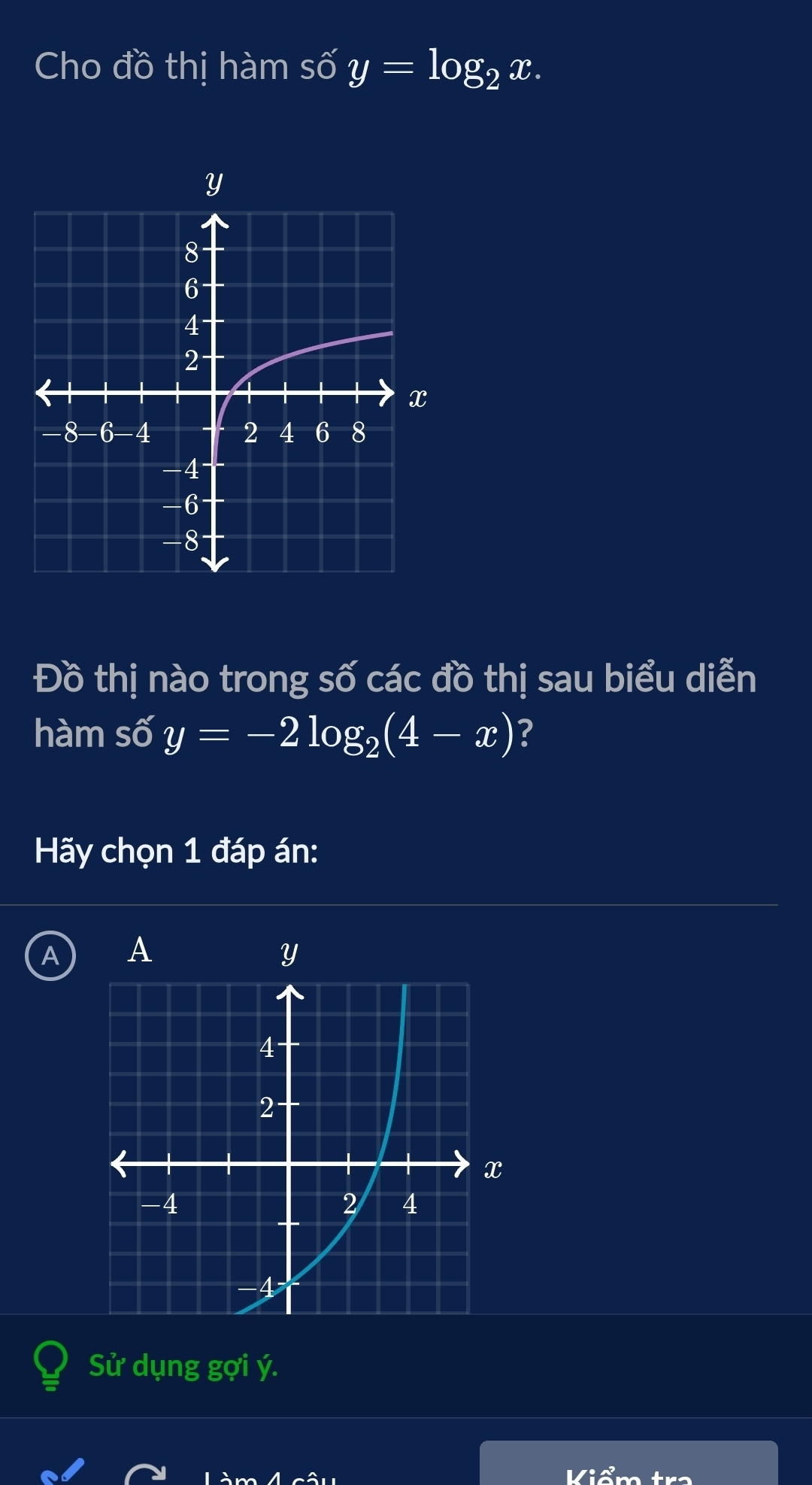 Cho đồ thị hàm s widehat O y=log _2x. 
Đồ thị nào trong số các đồ thị sau biểu diễn 
hàm số y=-2log _2(4-x) ? 
Hãy chọn 1 đáp án: 
A 
Sử dụng gợi ý.