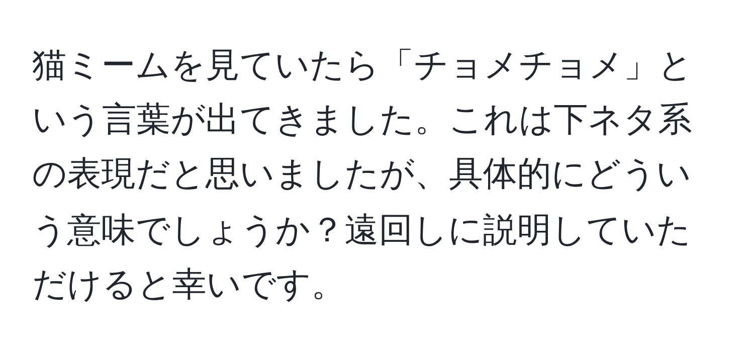 猫ミームを見ていたら「チョメチョメ」という言葉が出てきました。これは下ネタ系の表現だと思いましたが、具体的にどういう意味でしょうか？遠回しに説明していただけると幸いです。