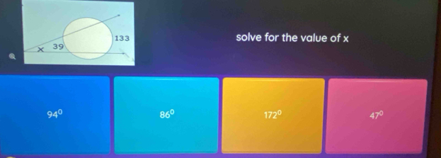 solve for the value of x
94°
86°
172°
47°