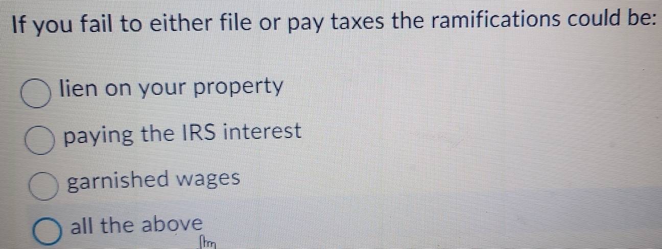 If you fail to either file or pay taxes the ramifications could be:
lien on your property
paying the IRS interest
garnished wages
all the above
[hm