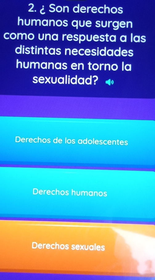 ¿ Son derechos
humanos que surgen
como una respuesta a las
distintas necesidades
humanas en torno la
sexualidad?
Derechos de los adolescentes
Derechos humanos
Derechos sexuales