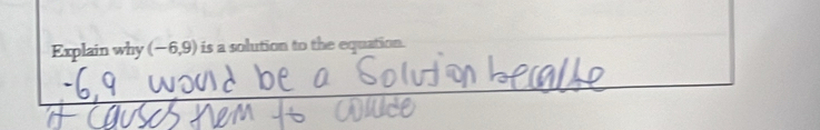 Explain why (−6,9) is a solution to the equation.