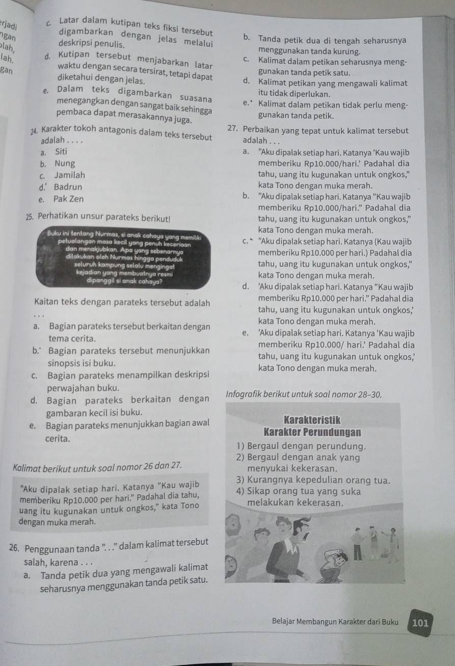 rjadi
c. Latar dalam kutipan teks fiksi tersebut
digambarkan dengan jelas melalui
b. Tanda petik dua di tengah seharusnya
gn deskripsi penulis. menggunakan tanda kurung.
blah,
lah.
d. Kutipan tersebut menjabarkan latan c. Kalimat dalam petikan seharusnya meng-
gunakan tanda petik satu.
waktu dengan secara tersirat, tetapi dapat d. Kalimat petikan yang mengawali kalimat
gan diketahui dengan jelas.
itu tidak diperlukan.
e. Dalam teks digambarkan suasana e.* Kalimat dalam petikan tidak perlu meng-
menegangkan dengan sangat baik sehingga
pembaca dapat merasakannya juga. gunakan tanda petik.
24. Karakter tokoh antagonis dalam teks tersebut 27. Perbaikan yang tepat untuk kalimat tersebut
adalah . . . . adalah . . .
a. Siti a. ”Aku dipalak setiap hari. Katanya ’Kau wajib
b. Nung memberiku Rp10.000/hari.’ Padahal dia
c. Jamilah tahu, uang itu kugunakan untuk ongkos,”
d.' Badrun kata Tono dengan muka merah.
e. Pak Zen b. "Aku dipalak setiap hari. Katanya "Kau wajib
memberiku Rp10.000/hari.” Padahal dia
25. Perhatikan unsur parateks berikut! tahu, uang itu kugunakan untuk ongkos,”
kata Tono dengan muka merah.
Buku ini tentang Nurmas, si anak cahaya yang memilik c. * ”Aku dipalak setiap hari. Katanya (Kau wajib
petualangan masa kecil yang penuh kecerioan
dan menakjubkan. Apa yang sebenarnya
dilakukan oleh Nurmas hingga penduduk memberiku Rp10.000 per hari.) Padahal dia
seluruh kampung selalu mengingal tahu, uang itu kugunakan untuk ongkos,”
kejadian yang membuatnya resmi kata Tono dengan muka merah.
dipanggil si anak cahaya? d. 'Aku dipalak setiap hari. Katanya ”Kau wajib
memberiku Rp10.000 per hari.” Padahal dia
Kaitan teks dengan parateks tersebut adalah tahu, uang itu kugunakan untuk ongkos,'
kata Tono dengan muka merah.
a. Bagian parateks tersebut berkaitan dengan e. 'Aku dipalak setiap hari. Katanya ’Kau wajib
tema cerita.
memberiku Rp10.000/ hari.’ Padahal dia
b.* Bagian parateks tersebut menunjukkan tahu, uang itu kugunakan untuk ongkos,’
sinopsis isi buku.
c. Bagian parateks menampilkan deskripsi kata Tono dengan muka merah.
perwajahan buku.
d. Bagian parateks berkaitan dengan Infografik berikut untuk soal nomor 28-30.
gambaran kecil isi buku.
e. Bagian parateks menunjukkan bagian awal
cerita.
Kalimat berikut untuk soal nomor 26 dan 27. 
"Aku dipalak setiap hari. Katanya "Kau wajib
memberiku Rp10.000 per hari." Padahal dia tahu,
uang itu kugunakan untuk ongkos,” kata Tono
dengan muka merah.
26. Penggunaan tanda ”. . .” dalam kalimat tersebut
salah, karena . . .
a. Tanda petik dua yang mengawali kalimat
seharusnya menggunakan tanda petik satu.
Belajar Membangun Karakter dari Buku 101