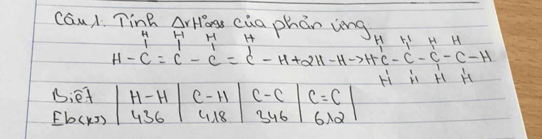 Cau/ Tink ArHogs cua phān ing H r_1_1' H H
H H H
H-C=C-C=C-H+2H-Hto H-C-C-H
H ii H H
Biet H- H e-H C-C C=C
Eb(Ks) 436 4. 18 3u6 6NQ