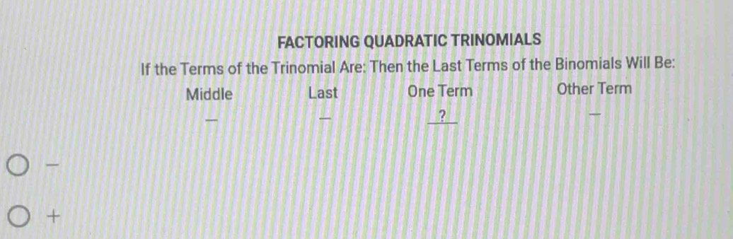 FACTORING QUADRATIC TRINOMIALS
If the Terms of the Trinomial Are: Then the Last Terms of the Binomials Will Be:
Middle Last One Term Other Term
_
_
—
_
_?

+